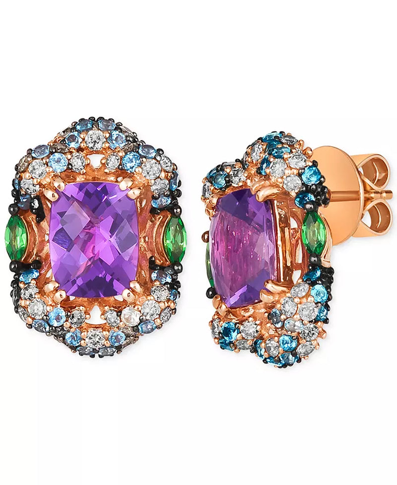 Stunning Multi-Gemstone & Nude Diamond Halo Cluster Stud Earrings in 14K Rose Gold - 4.5 Ct. T.W.