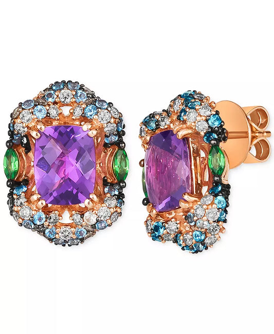 Stunning Multi-Gemstone & Nude Diamond Halo Cluster Stud Earrings in 14K Rose Gold - 4.5 Ct. T.W.