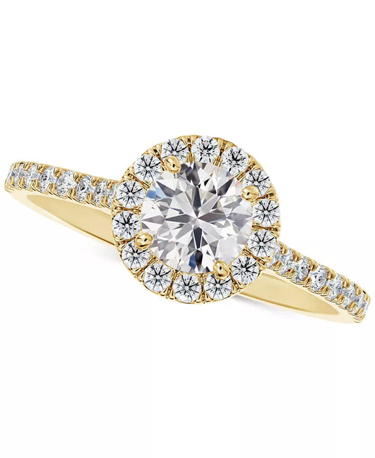 Stunning 1/2 Ct. T.W. Diamond Halo Pavé Band Engagement Ring in Luxurious 14K Gold