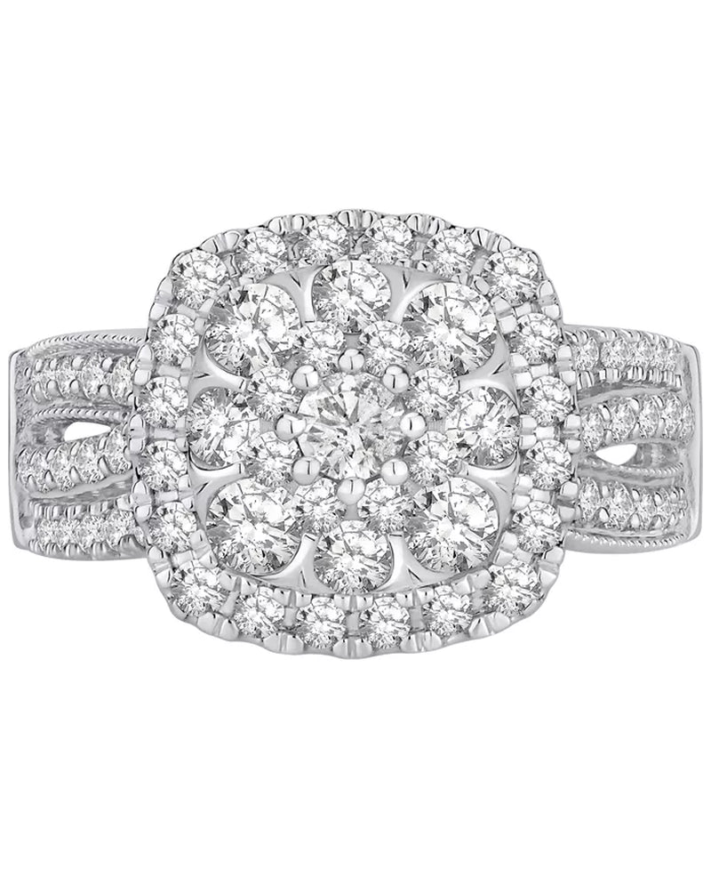 Stunning 2 Ct. Diamond Square Cluster Engagement Ring in 14K White Gold
