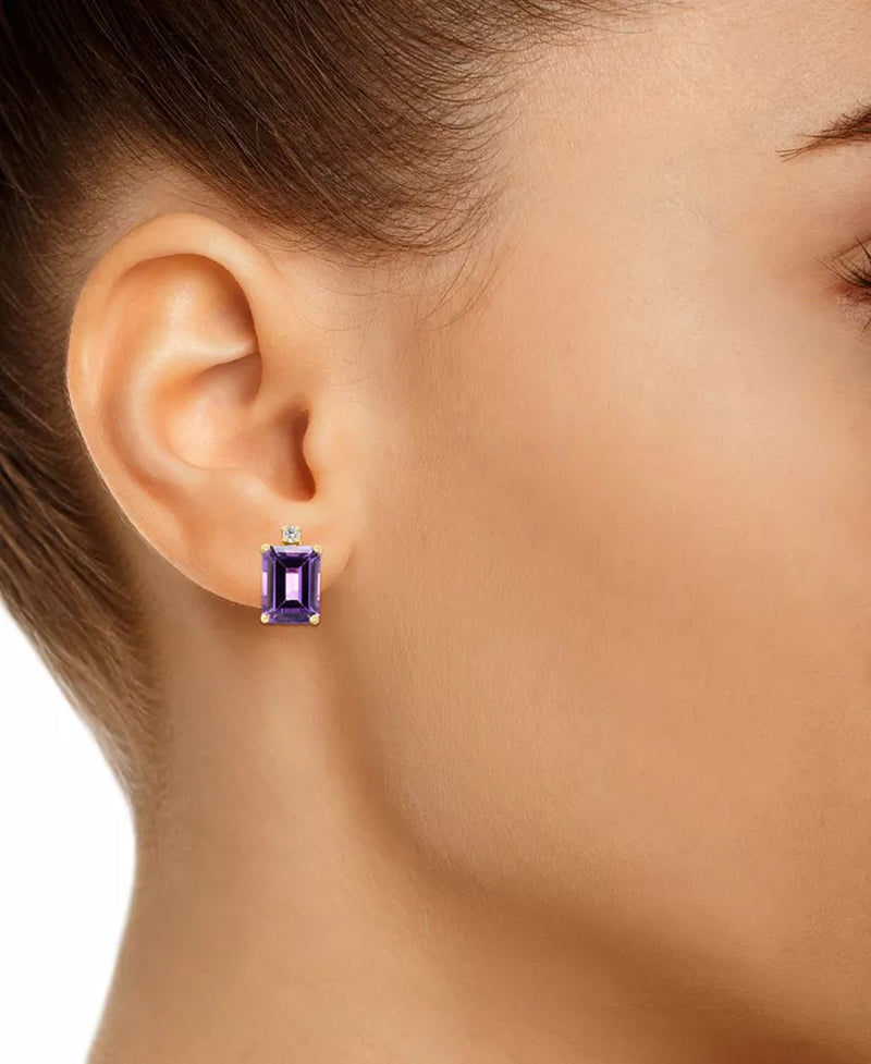 Stunning 3.2 Ct Amethyst & Diamond Accent Stud Earrings in Luxurious 14K Yellow Gold