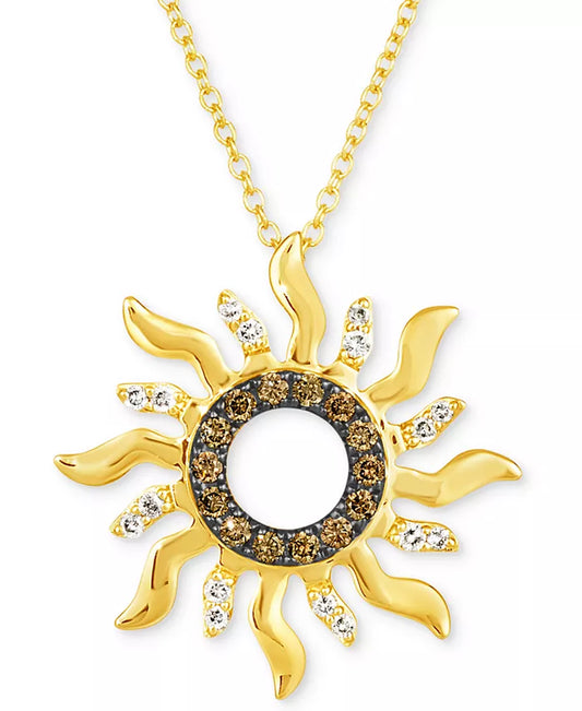 Stunning 14K Gold Sun Pendant Necklace with Nude & Chocolate Diamonds - 18