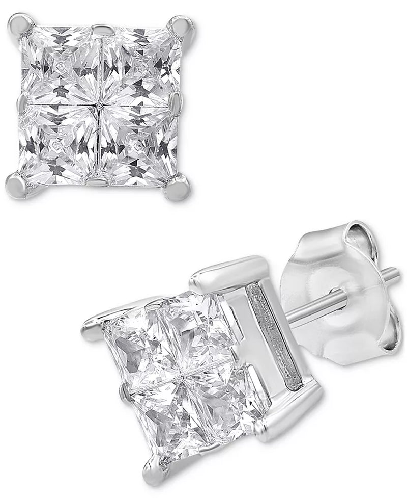 Stunning 2 Ct. Diamond Seamless Cluster Princess Stud Earrings in Luxurious 14K White Gold