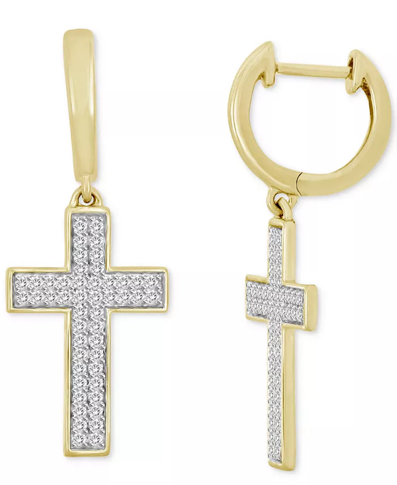 Stylish Men's 10K Gold Diamond Cross Dangle Huggie Hoop Earrings (1/4 Ct. T.W.)