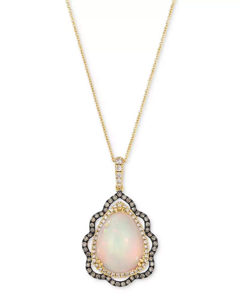 Stunning 14K Strawberry Gold Pendant Necklace with Neopolitan Opal, Nude & Chocolate Diamonds - 20" Length