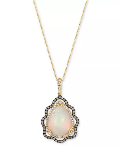 Stunning 14K Strawberry Gold Pendant Necklace with Neopolitan Opal, Nude & Chocolate Diamonds - 20" Length