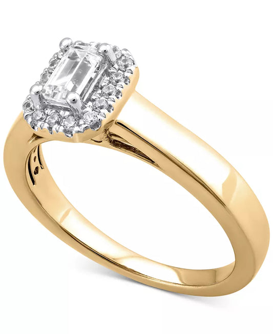 Stunning 1/2 Ct. T.W. Diamond Emerald-Cut Halo Engagement Ring in Luxurious 14K Gold
