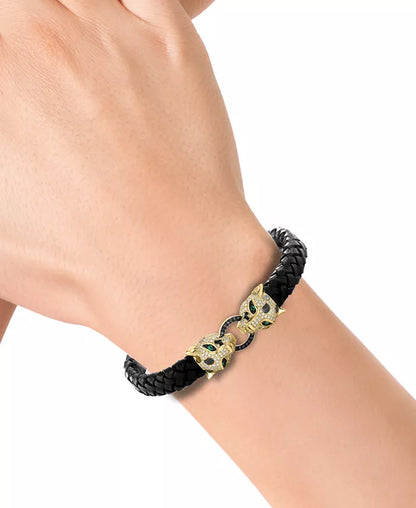 Luxurious EFFY® 14K Gold Panther Head Leather Bracelet with White & Black Diamonds and Emerald Accents - 7/8 Ct. T.W.