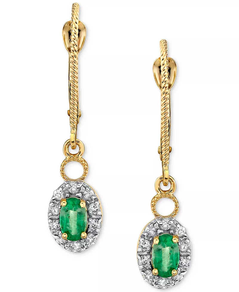 Stunning 14K Gold Emerald & Diamond Halo Drop Earrings - 1/2 Ct. T.W. Emerald & 1/5 Ct. T.W. Diamond