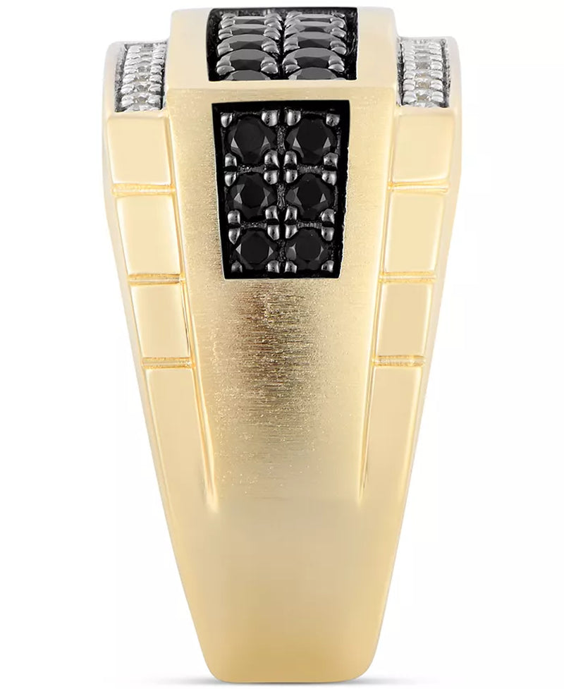 Stunning Men's 10K Gold Black & White Diamond Square Cluster Ring - 1 Ct. T.W.