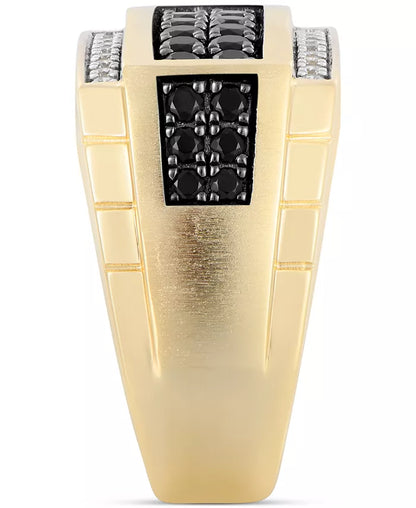 Stunning Men's 10K Gold Black & White Diamond Square Cluster Ring - 1 Ct. T.W.