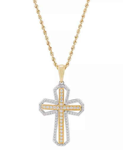 Stunning 1 Ct. Lab Grown Diamond Cross Pendant Necklace for Men in 14K Two-Tone Gold - 22" Chain