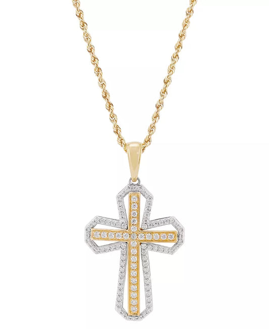 Stunning 1 Ct. Lab Grown Diamond Cross Pendant Necklace for Men in 14K Two-Tone Gold - 22