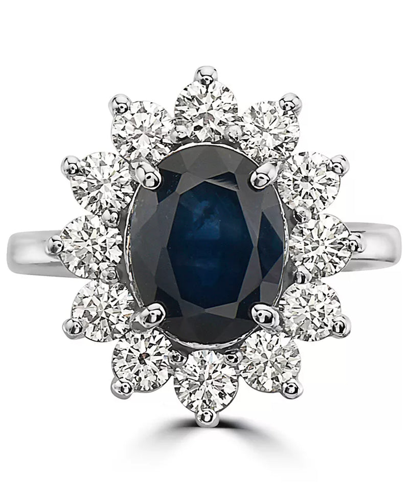 Stunning EFFY® 14K White Gold Halo Statement Ring with 2-7/8 Ct. T.W. Sapphire & 1-3/8 Ct. T.W. Diamond