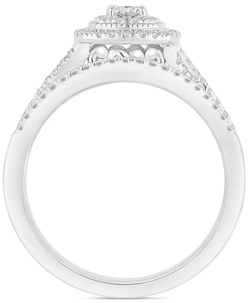Stunning 5/8 Ct. T.W. Diamond Cushion Halo Twist Bridal Set in Luxurious 14K White Gold