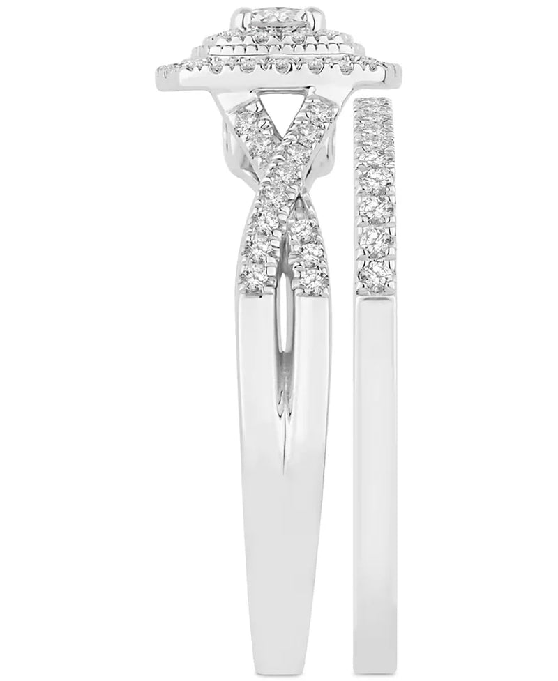 Stunning 5/8 Ct. T.W. Diamond Cushion Halo Twist Bridal Set in Luxurious 14K White Gold