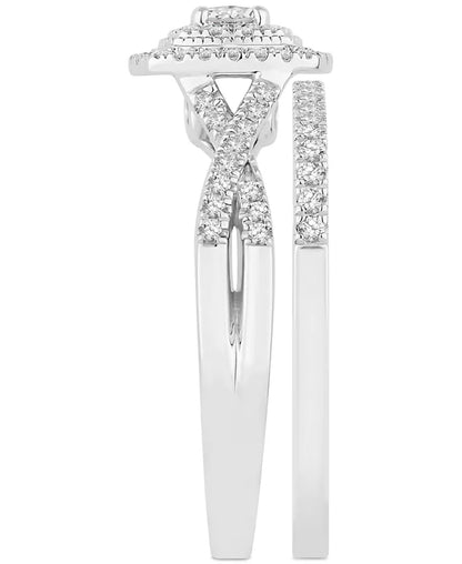 Stunning 5/8 Ct. T.W. Diamond Cushion Halo Twist Bridal Set in Luxurious 14K White Gold