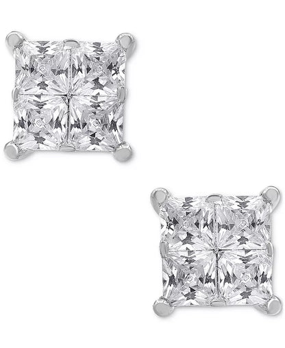 Stunning 2 Ct. Diamond Seamless Cluster Princess Stud Earrings in Luxurious 14K White Gold