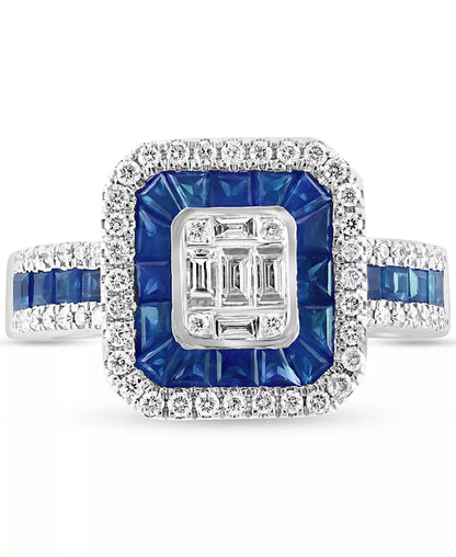 Stunning EFFY® 14K White Gold Halo Cluster Ring with 1-1/20 Ct. T.W. Sapphire & 1/2 Ct. T.W. Diamond