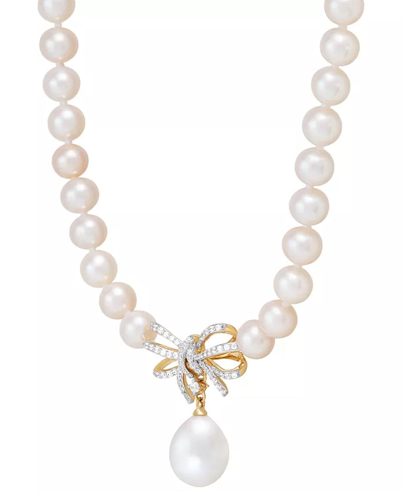 Elegant 17" 10K Gold Ribbon Necklace with Cultured Freshwater Pearls & 1/5 Ct. T.W. Diamonds