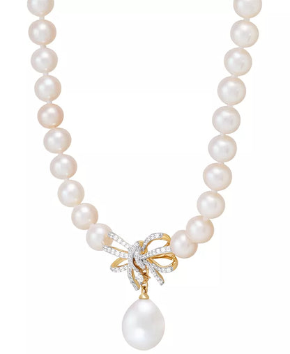 Elegant 17" 10K Gold Ribbon Necklace with Cultured Freshwater Pearls & 1/5 Ct. T.W. Diamonds