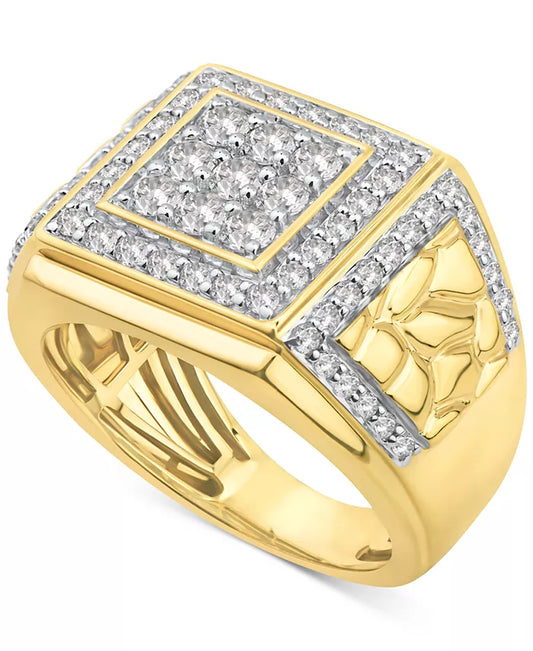 Stunning Men's 10K Gold Diamond Cluster Nugget Ring - 1.5 Ct. T.W.