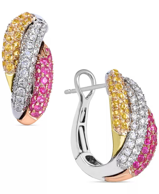 Stunning 14K White Gold Yellow and Pink Sapphire Earrings Set with Diamonds - 1.75 Ct. T.W.