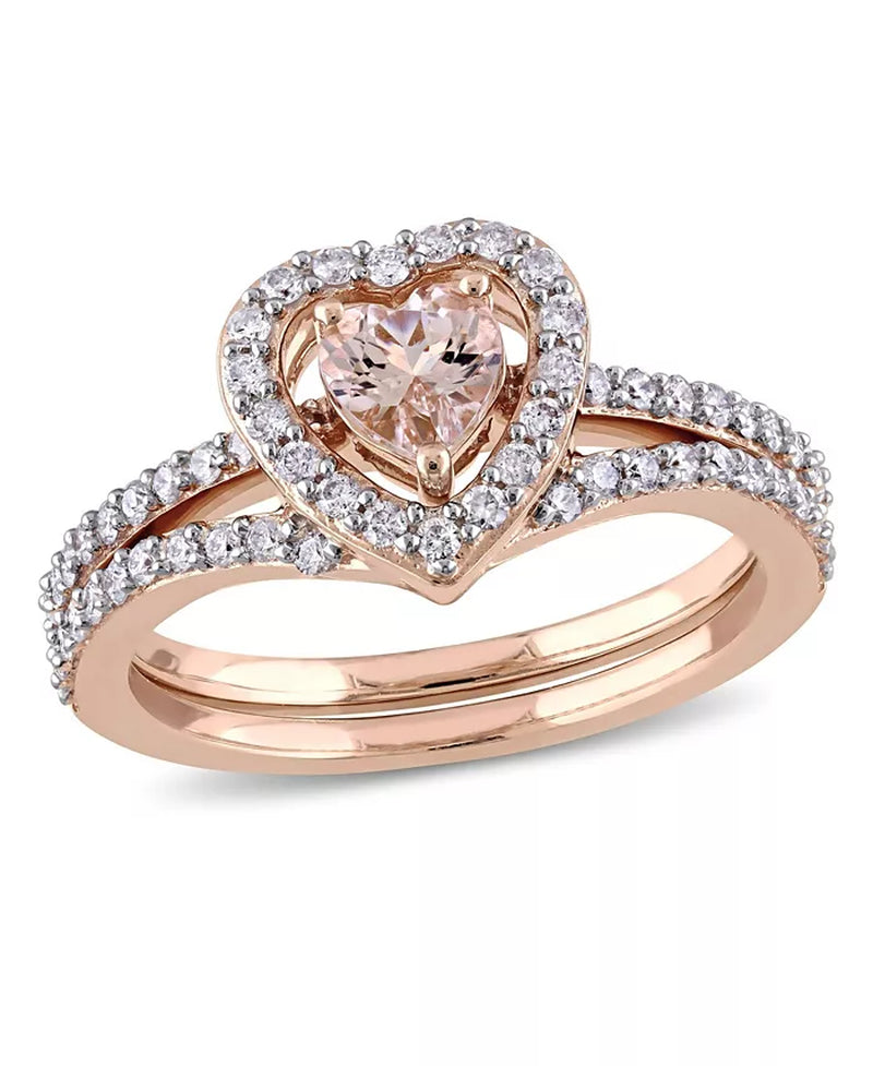 Stunning Morganite and Diamond Heart Halo Interlocking Bridal Ring Set