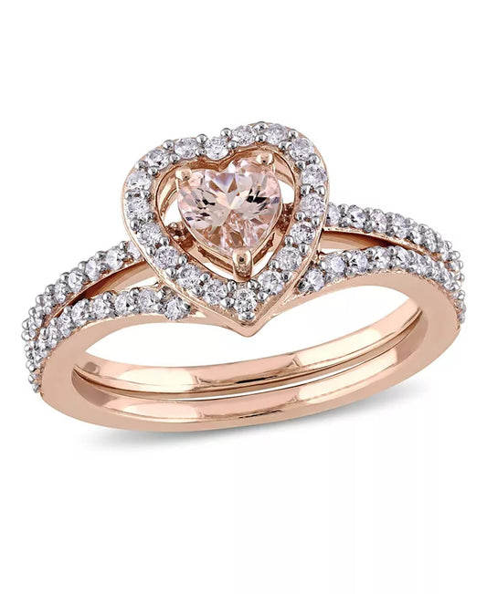 Stunning Morganite and Diamond Heart Halo Interlocking Bridal Ring Set