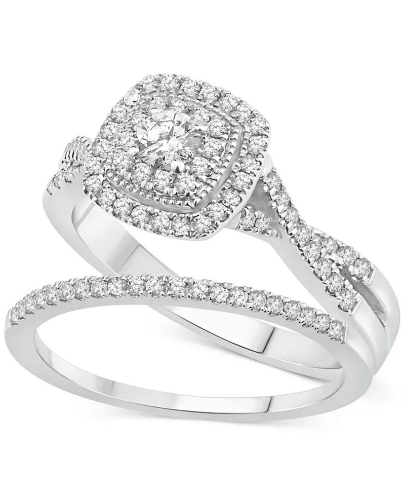 Stunning 5/8 Ct. T.W. Diamond Cushion Halo Twist Bridal Set in Luxurious 14K White Gold
