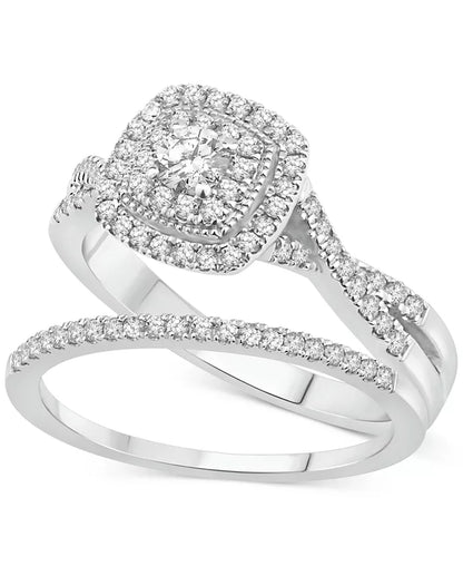 Stunning 5/8 Ct. T.W. Diamond Cushion Halo Twist Bridal Set in Luxurious 14K White Gold