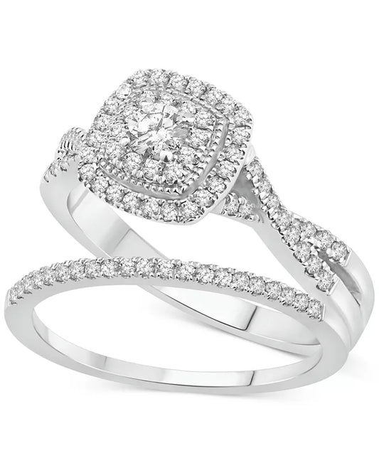 Stunning 5/8 Ct. T.W. Diamond Cushion Halo Twist Bridal Set in Luxurious 14K White Gold