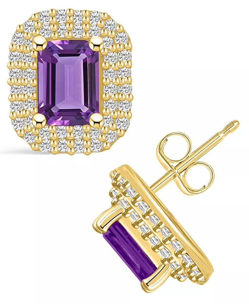 Stunning 2 Ct. Amethyst & 3/4 Ct. Diamond Halo Stud Earrings in Luxurious 14K Yellow Gold