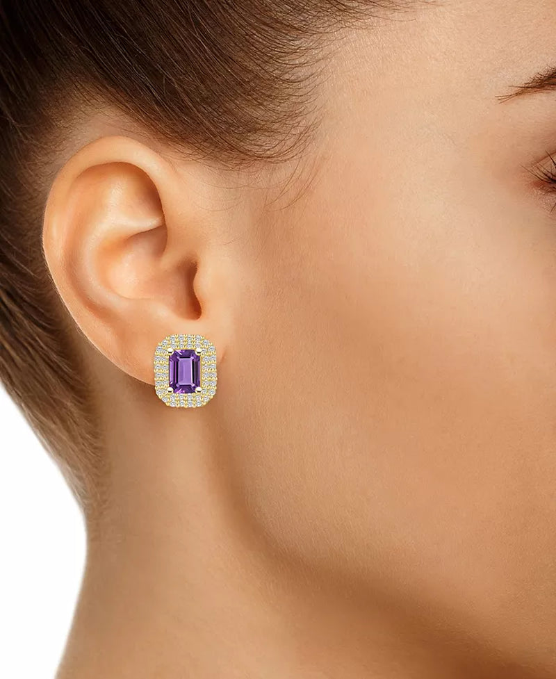 Stunning 2 Ct. Amethyst & 3/4 Ct. Diamond Halo Stud Earrings in Luxurious 14K Yellow Gold