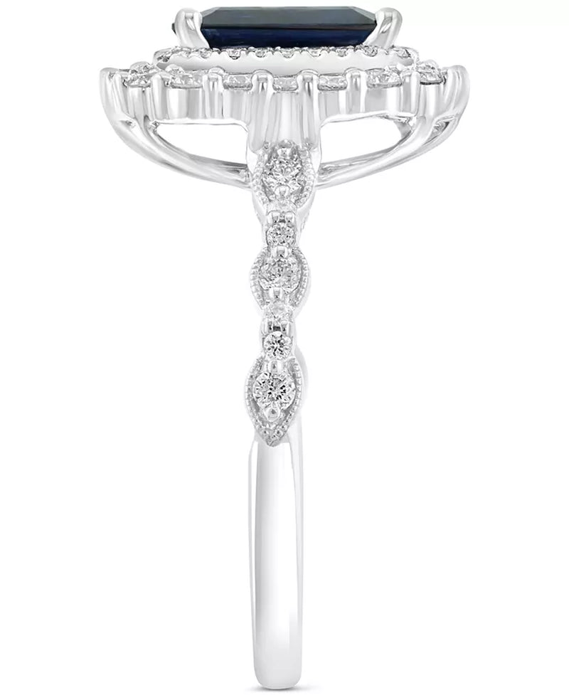 Stunning EFFY® 14K White Gold Double Halo Ring with 2-3/8 Ct. Emerald-Cut Blue Sapphire & 7/8 Ct. Diamonds