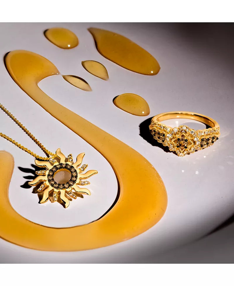 Stunning 14K Gold Sun Pendant Necklace with Nude & Chocolate Diamonds - 18" + 2" Extender