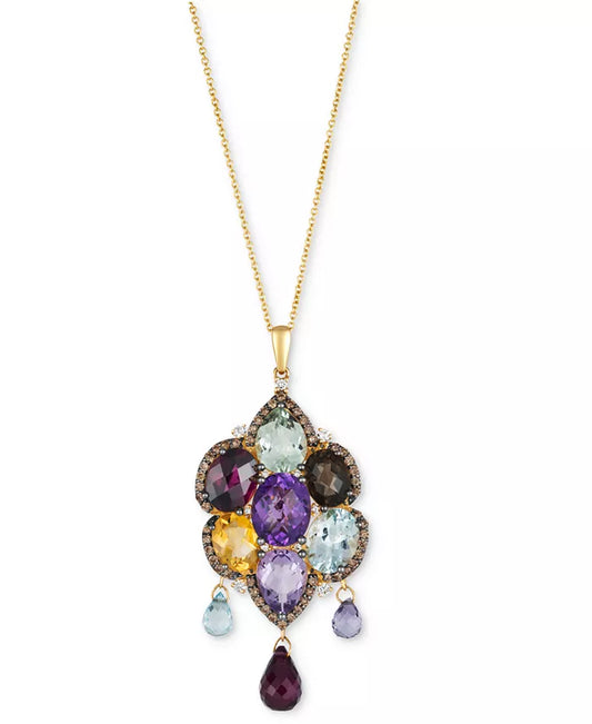 Stunning Multi-Gemstone & Diamond Halo Cluster Pendant Necklace in 14K Gold - 18