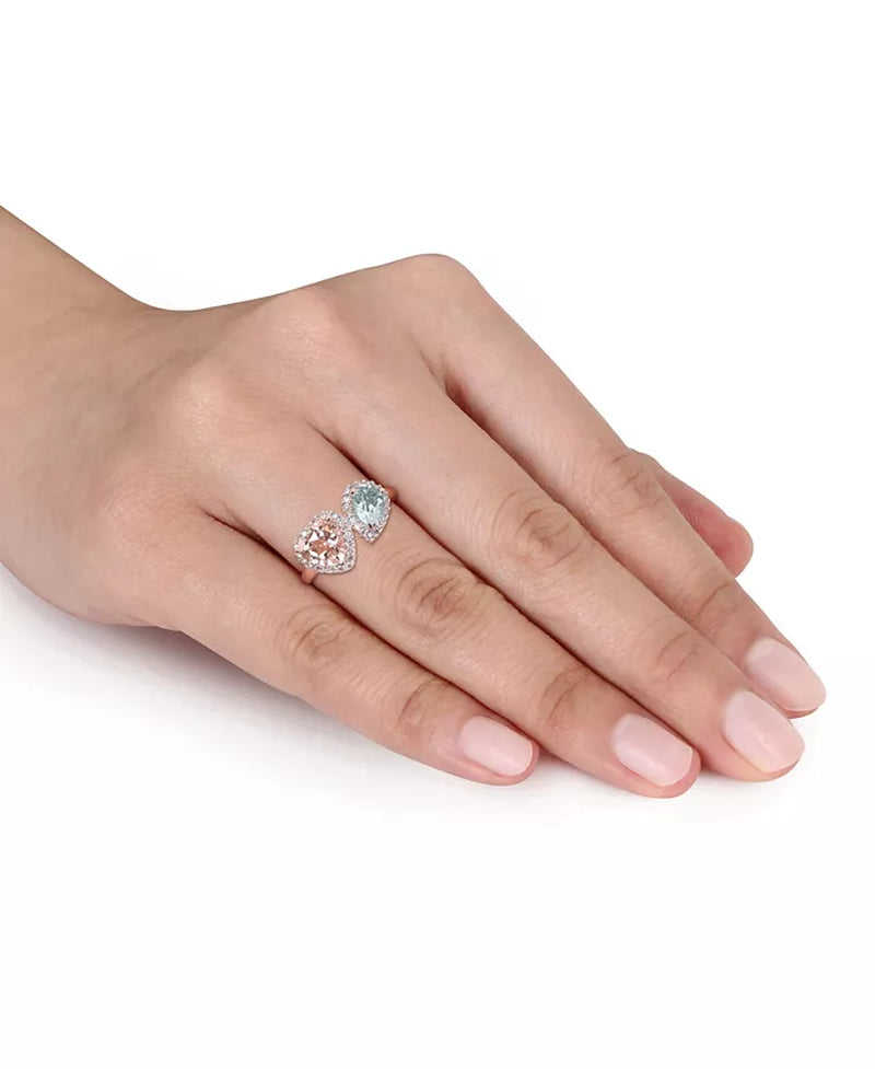 Stunning Two-Stone Morganite & Aquamarine Ring with Diamonds in 14K Rose Gold