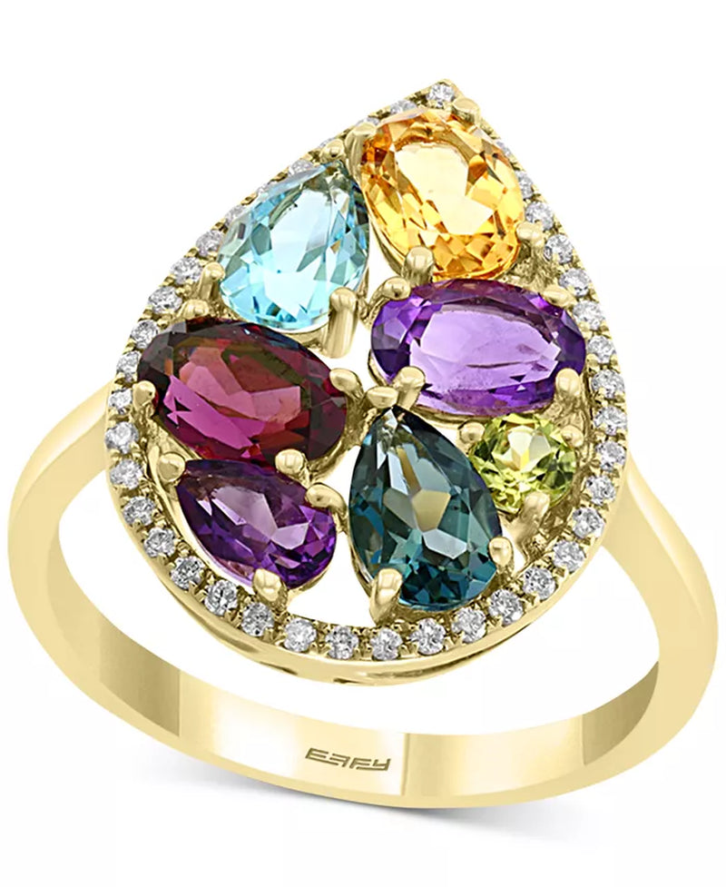 Stunning EFFY® 14K Gold Pear Halo Statement Ring with Multi-Gemstones (3-1/4 Ct. T.W.) & Diamonds (1/6 Ct. T.W.)