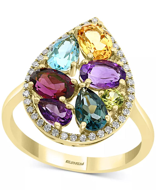 Stunning EFFY® 14K Gold Pear Halo Statement Ring with Multi-Gemstones (3-1/4 Ct. T.W.) & Diamonds (1/6 Ct. T.W.)