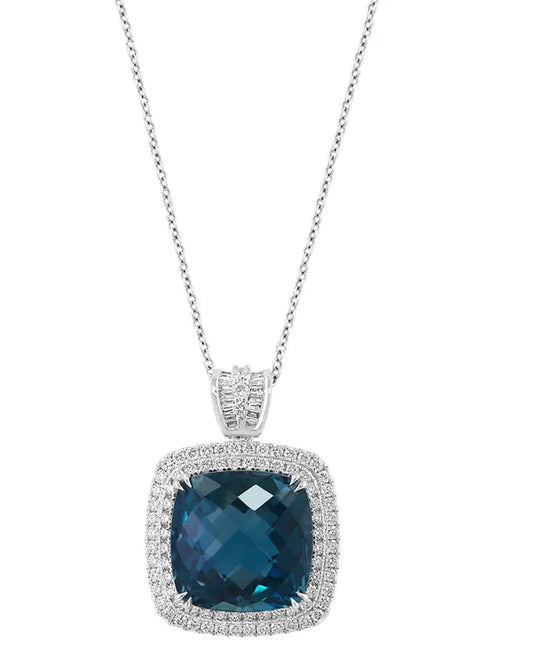 Stunning EFFY® London Blue Topaz & Diamond Halo Pendant Necklace in 14K White Gold - 11.75 Ct. T.W.