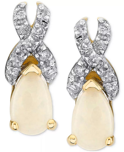 Stunning 14K Yellow Gold Diamond & Opal Earrings (1/8 Ct. T.W)