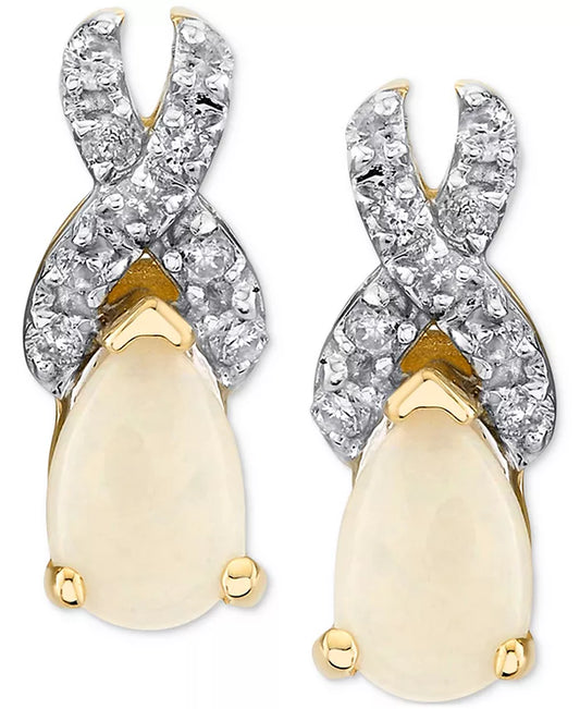 Stunning 14K Yellow Gold Diamond & Opal Earrings (1/8 Ct. T.W)