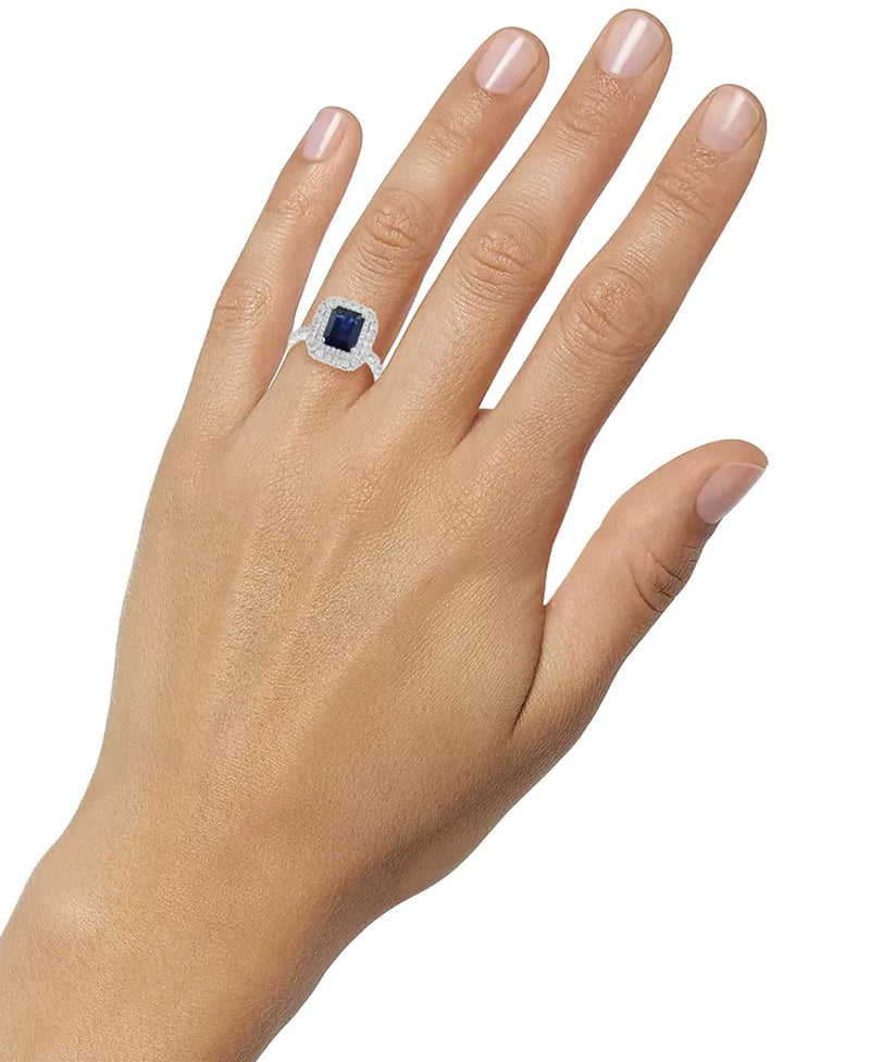 Stunning EFFY® 14K White Gold Double Halo Ring with 2-3/8 Ct. Emerald-Cut Blue Sapphire & 7/8 Ct. Diamonds