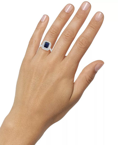 Stunning EFFY® 14K White Gold Double Halo Ring with 2-3/8 Ct. Emerald-Cut Blue Sapphire & 7/8 Ct. Diamonds