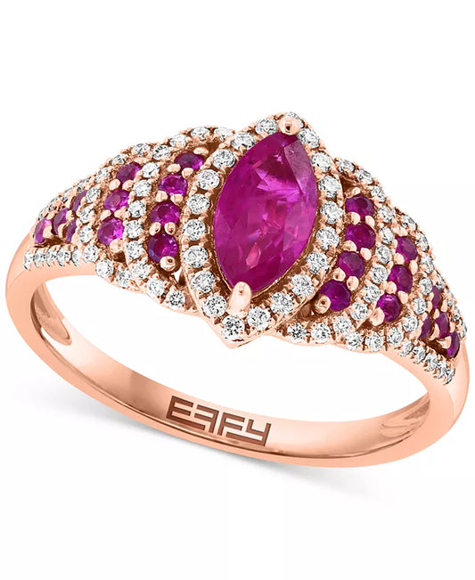 Stunning EFFY® 14K Rose Gold Marquise Halo Statement Ring with 7/8 Ct. T.W. Ruby & Diamond