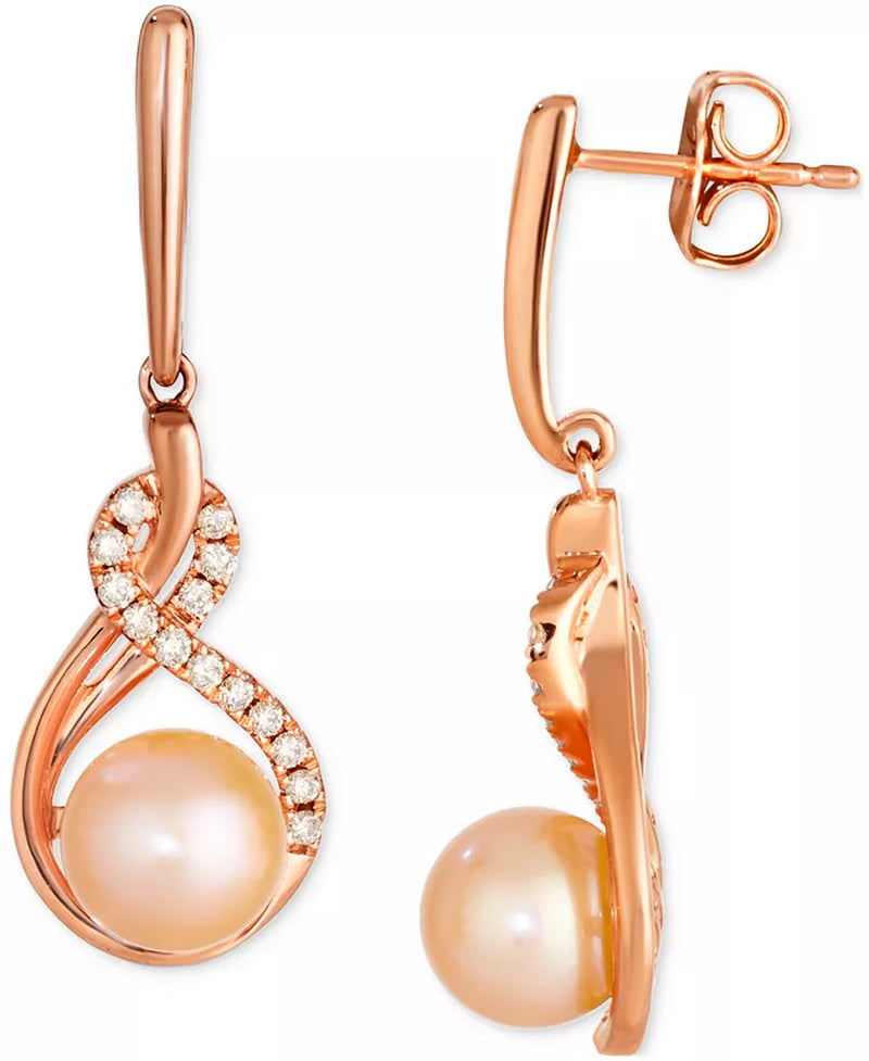 Elegant 14K Rose Gold Twist Drop Earrings with Pink Freshwater Pearls and Nude Diamonds (1/5 Ct. T.W.)