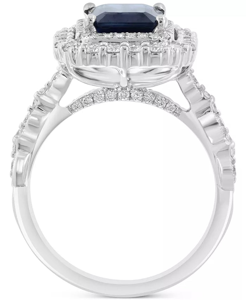 Stunning EFFY® 14K White Gold Double Halo Ring with 2-3/8 Ct. Emerald-Cut Blue Sapphire & 7/8 Ct. Diamonds