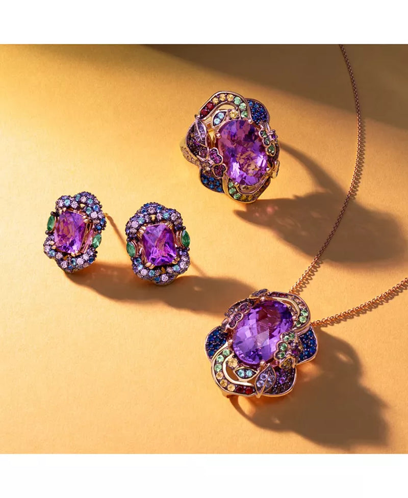 Stunning Multi-Gemstone & Nude Diamond Halo Cluster Stud Earrings in 14K Rose Gold - 4.5 Ct. T.W.