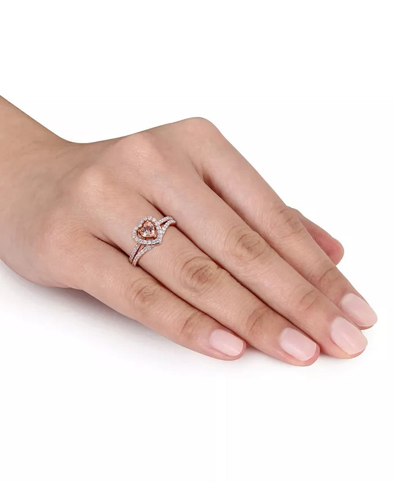 Stunning Morganite and Diamond Heart Halo Interlocking Bridal Ring Set
